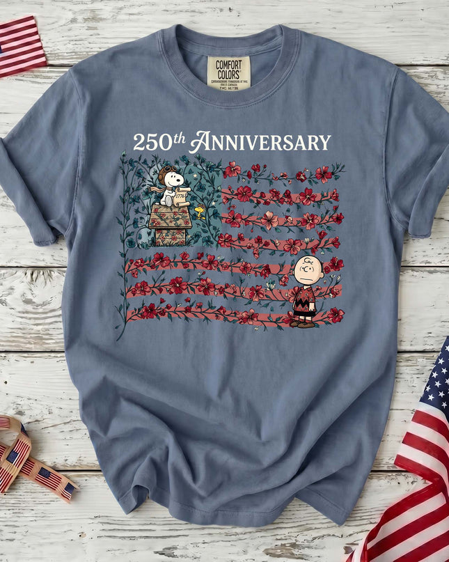 JEAN_d0200a67-e9fe-4bf3-898f-86ee1bb35da5 - AuraNations - Comfort Colors 250th Anniversary Floral Vine Flag Aviator Dog T-Shirt - Blue Jean / S - 250TH ANNIVERSARY, ALL, COMFORT COLORS, NO CUSTOM, PRODUCTS, SNPY, TSHIRT