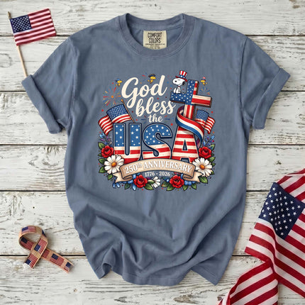 JEAN_d02fd7ee-7166-47c6-9474-cf5ba0e361fa - AuraNations - Comfort Colors God Bless The USA 250th Anniversary Cross Dog T-Shirt - Blue Jean / S - 250TH ANNIVERSARY, ALL, COMFORT COLORS, NO CUSTOM, PRODUCTS, SNPY, TSHIRT
