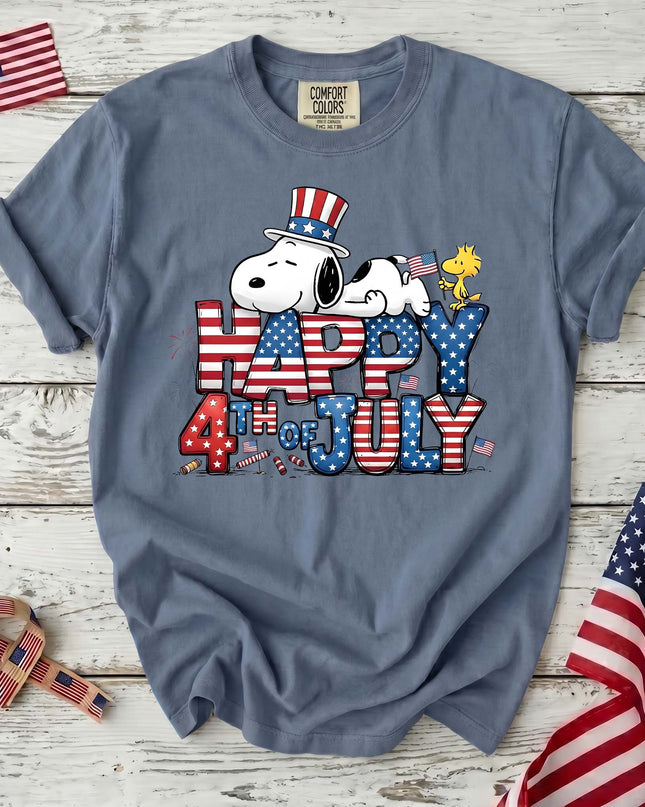JEAN_e0c668d4-f344-417d-bef6-75e25af6bc00 - AuraNations - Comfort Colors Happy 4th Of July Sleepy Patriotic Dog T-Shirt - Blue Jean / S - 250TH ANNIVERSARY, ALL, COMFORT COLORS, NO CUSTOM, PRODUCTS, SNPY, TSHIRT