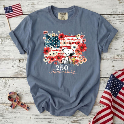JEAN_e98c9e0b-f669-40d6-94bd-faaf7e8fd90c - AuraNations - Comfort Colors 250th Anniversary USA Floral Flag Sitting Dog T-Shirt - Blue Jean / S - 250TH ANNIVERSARY, ALL, COMFORT COLORS, NO CUSTOM, PRODUCTS, SNPY, TSHIRT