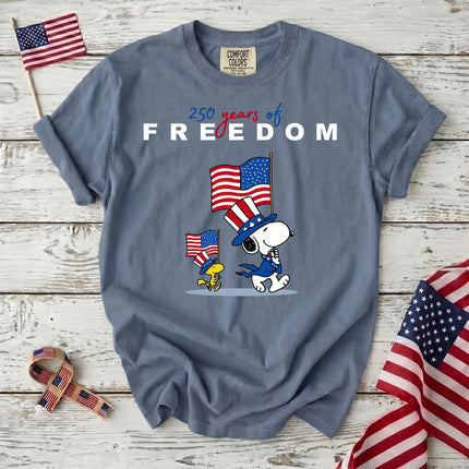 JEAN_f39c4eb5-36d1-4aa8-88f3-3b66606f3c53 - AuraNations - Comfort Colors 250 Years Of Freedom Patriotic Waving Flags Dog T-Shirt - Blue Jean / S - 250TH ANNIVERSARY, ALL, COMFORT COLORS, NO CUSTOM, PRODUCTS, SNPY, TSHIRT