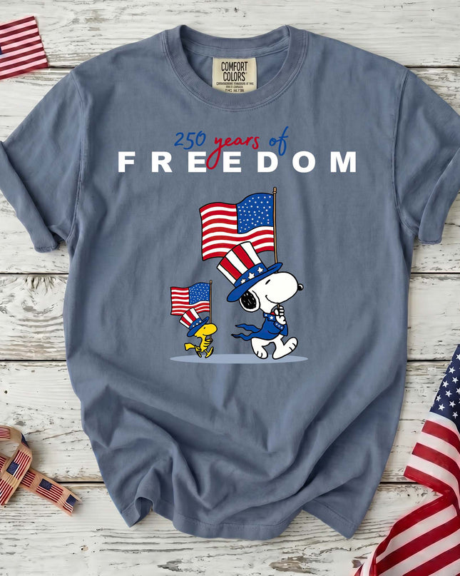 JEAN_f39c4eb5-36d1-4aa8-88f3-3b66606f3c53 - AuraNations - Comfort Colors 250 Years Of Freedom Patriotic Waving Flags Dog T-Shirt - Blue Jean / S - 250TH ANNIVERSARY, ALL, COMFORT COLORS, NO CUSTOM, PRODUCTS, SNPY, TSHIRT