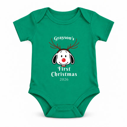 Personalized First Christmas 2026 Reindeer Name Baby Bodysuit