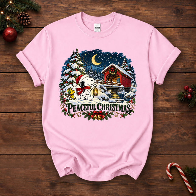 Peaceful Christmas Snowy Covered Bridge Winter Night T-Shirt