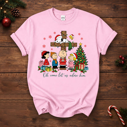 Oh Come Let Us Adore Him Christian Christmas Cross T-Shirt