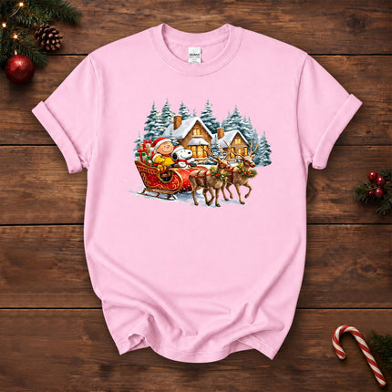 Christmas Reindeer Sleigh Ride Snowy Village T-Shirt