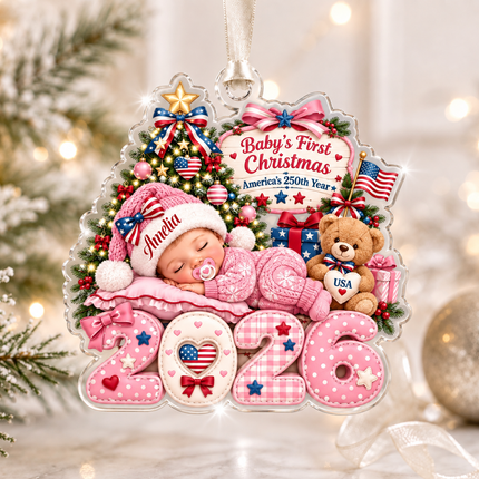 Personalized Baby First Christmas Acrylic Ornament Pink America 250th Year 2026