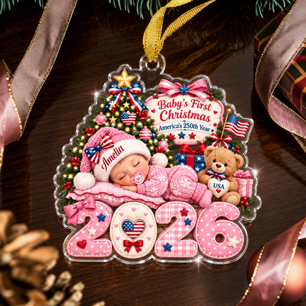 Personalized Baby First Christmas Acrylic Ornament Pink America 250th Year 2026