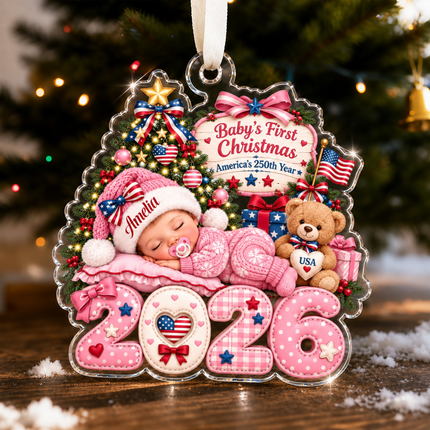 Personalized Baby First Christmas Acrylic Ornament Pink America 250th Year 2026