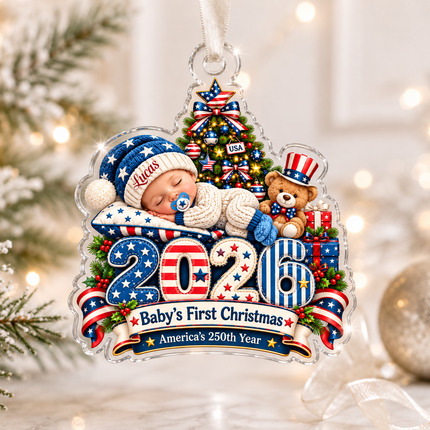 Personalized Baby First Christmas Acrylic Ornament Patriotic USA 250th Anniversary 2026