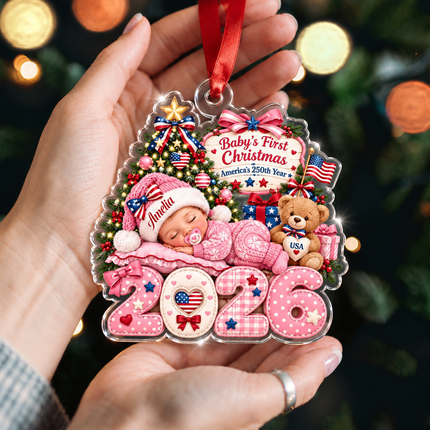Personalized Baby First Christmas Acrylic Ornament Pink America 250th Year 2026