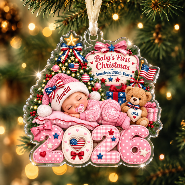 Personalized Baby First Christmas Acrylic Ornament Pink America 250th Year 2026