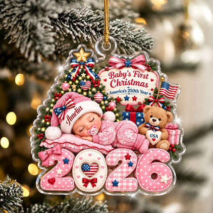 Personalized Baby First Christmas Acrylic Ornament Pink America 250th Year 2026