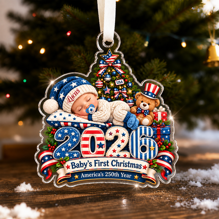 Personalized Baby First Christmas Acrylic Ornament Patriotic USA 250th Anniversary 2026