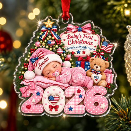 Personalized Baby First Christmas Acrylic Ornament Pink America 250th Year 2026
