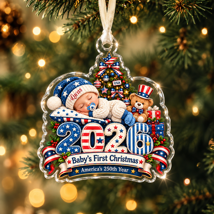 Personalized Baby First Christmas Acrylic Ornament Patriotic USA 250th Anniversary 2026