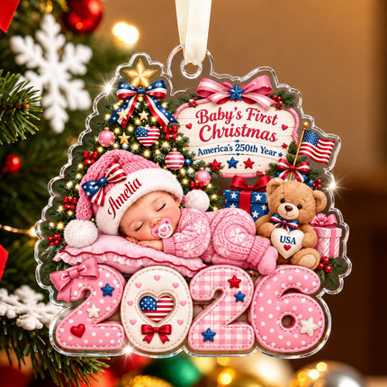 Personalized Baby First Christmas Acrylic Ornament Pink America 250th Year 2026