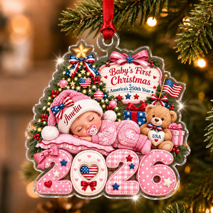 Personalized Baby First Christmas Acrylic Ornament Pink America 250th Year 2026