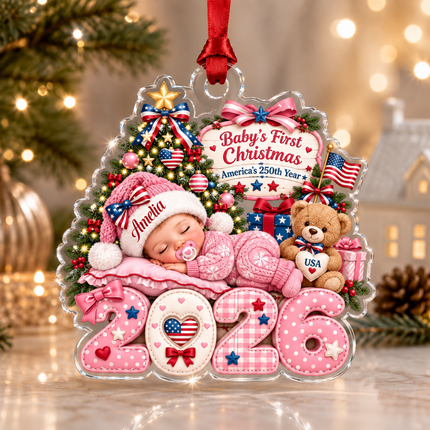 Personalized Baby First Christmas Acrylic Ornament Pink America 250th Year 2026