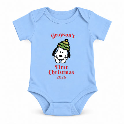 Personalized First Christmas 2026 Christmas Tree Hat Baby Bodysuit