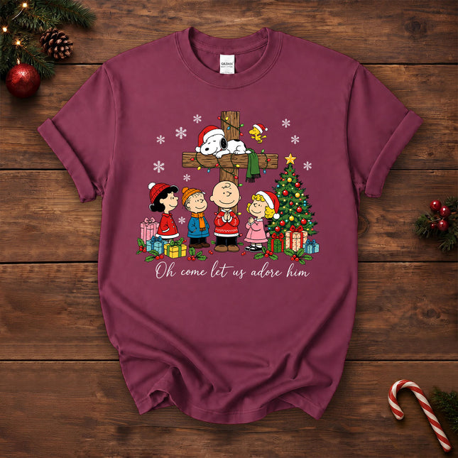 Oh Come Let Us Adore Him Christian Christmas Cross T-Shirt