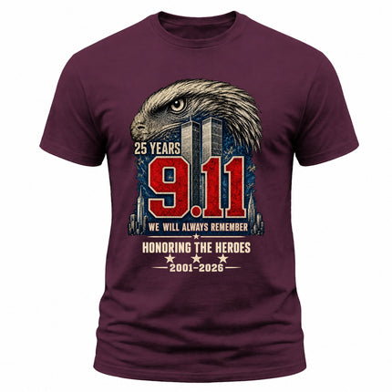 9/11 25th Anniversary Never Forget Honoring Heroes Memorial Patriotic T-Shirt