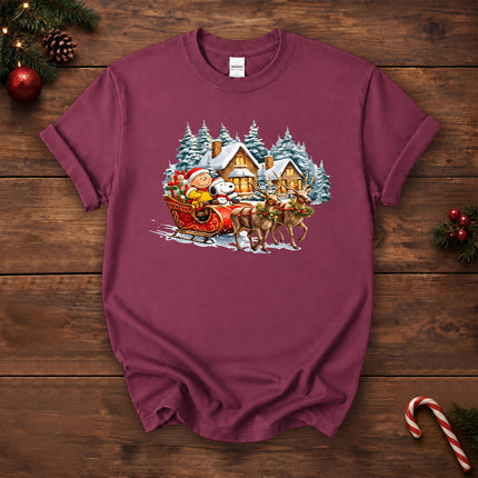 Christmas Reindeer Sleigh Ride Snowy Village T-Shirt
