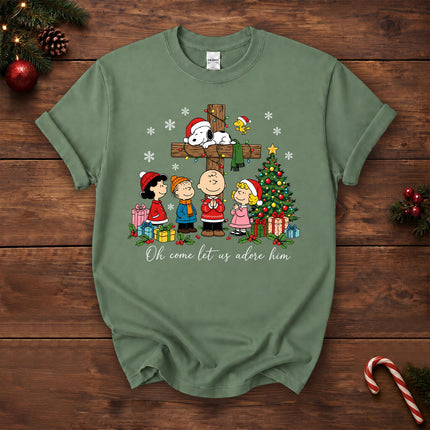 Oh Come Let Us Adore Him Christian Christmas Cross T-Shirt