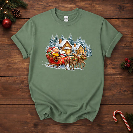 Christmas Reindeer Sleigh Ride Snowy Village T-Shirt