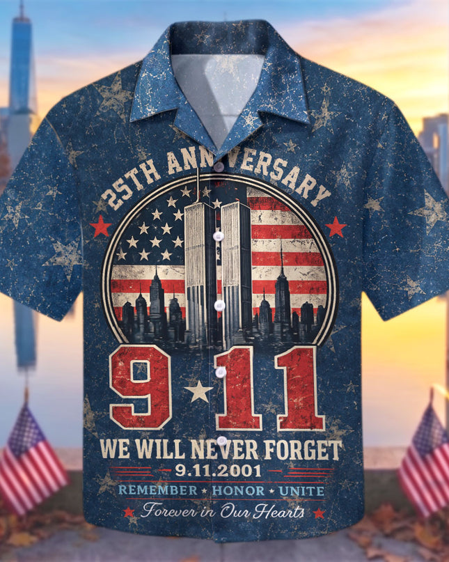 25th Patriot Day 9/11 Never Forget American Flag Memorial Hawaiian Shirt