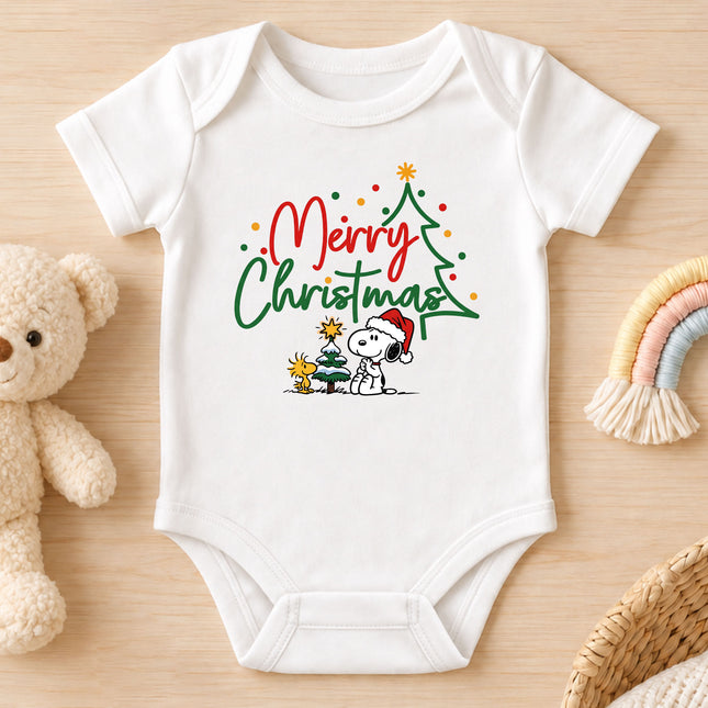 Merry Christmas Snowy Tree Cute Holiday Outfit Baby Bodysuit
