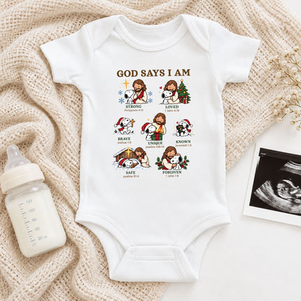 God Says I Am Christian Christmas Faith Affirmations Baby Bodysuit