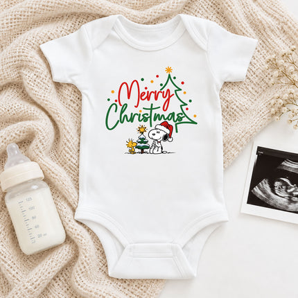 Merry Christmas Snowy Tree Cute Holiday Outfit Baby Bodysuit