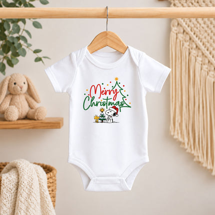 Merry Christmas Snowy Tree Cute Holiday Outfit Baby Bodysuit