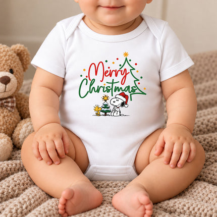 Merry Christmas Snowy Tree Cute Holiday Outfit Baby Bodysuit