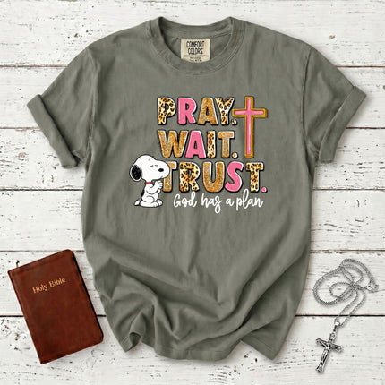 Comfort Colors Pray Wait Trust God Has a Plan Christian Cross Faith T-Shirt
