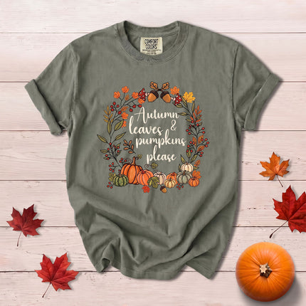 Comfort Colors Fall Autumn Leaves Pumpkins Wreath Thanksgiving T-Shirt