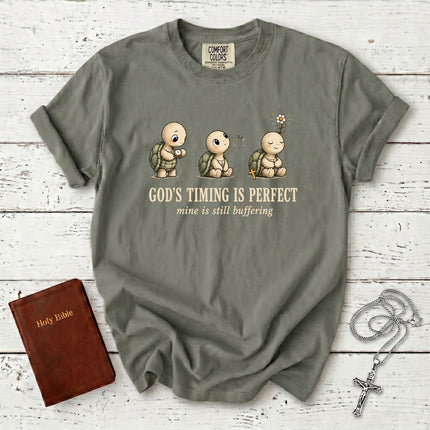 Comfort Colors God's Timing Is Perfect Mine Is Still Buffering Funny Christian T-Shirt