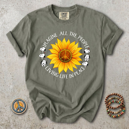 Comfort Colors Imagine All The People Sunflower Peace Sign Hippie T-Shirt