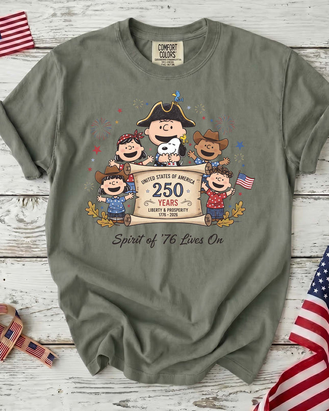 MOSS_00293260-f64f-41c5-98b2-64fc29e41012 - AuraNations - Comfort Colors Spirit Of 76 Lives On 250 Years Patriotic Friends T-Shirt - Moss / S - 250TH ANNIVERSARY, ALL, COMFORT COLORS, NO CUSTOM, PRODUCTS, SNPY, TSHIRT