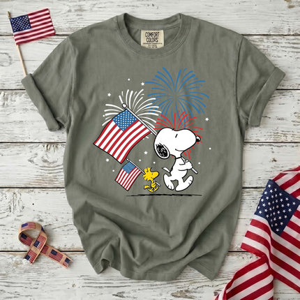 MOSS_08a139f7-89cf-4cca-861e-2265097d27e6 - AuraNations - Comfort Colors Fireworks Patriotic Marching Flag Dog T-Shirt - Moss / S - 250TH ANNIVERSARY, ALL, COMFORT COLORS, NO CUSTOM, PRODUCTS, SNPY, TSHIRT