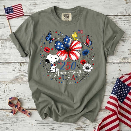 MOSS_0cda19c2-ecfc-4436-a718-ce1b47e11357 - AuraNations - Comfort Colors 250th Anniversary USA Flag Flower Butterflies Dog T-Shirt - Moss / S - 250TH ANNIVERSARY, ALL, COMFORT COLORS, NO CUSTOM, PRODUCTS, SNPY, TSHIRT