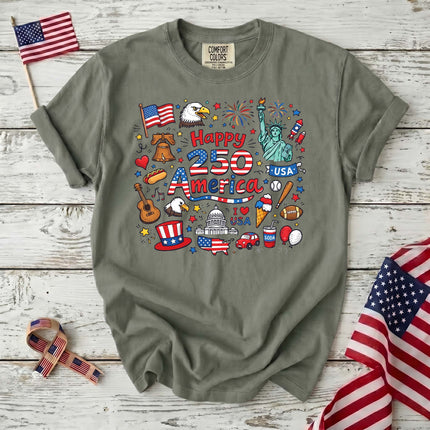Comfort Colors Happy 250 America Patriotic Icons Doodle T-Shirt