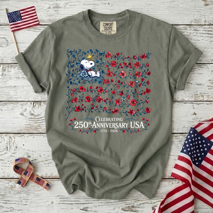 MOSS_24edc2c0-755d-42f3-9c8f-1a7a17c4cee6 - AuraNations - Comfort Colors Celebrating 250th Anniversary USA Floral Vine Flag Dog T-Shirt - Moss / S - 250TH ANNIVERSARY, ALL, COMFORT COLORS, NO CUSTOM, PRODUCTS, SNPY, TSHIRT