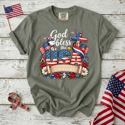 Comfort Colors God Bless The USA Celebrating 250 Years Cross Dog T-Shirt