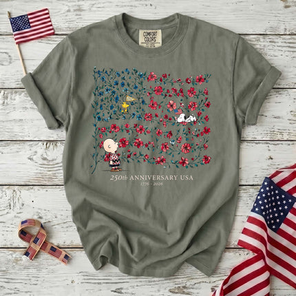MOSS_3da2b5dd-61ee-4fa4-a749-81087fba4322 - AuraNations - Comfort Colors 250th Anniversary USA Floral Vine Flag Friends T-Shirt - Moss / S - 250TH ANNIVERSARY, ALL, COMFORT COLORS, NO CUSTOM, PRODUCTS, SNPY, TSHIRT