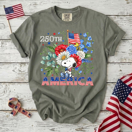 MOSS_6dd4f35f-b8c6-4442-9dd9-ec61b7dfee78 - AuraNations - Comfort Colors 250th America Patriotic Sitting Floral Dog T-Shirt - Moss / S - 250TH ANNIVERSARY, ALL, COMFORT COLORS, NO CUSTOM, PRODUCTS, SNPY, TSHIRT