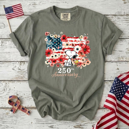 MOSS_77d8f87d-3618-440a-a23c-bb17144195de - AuraNations - Comfort Colors 250th Anniversary USA Floral Flag Sitting Dog T-Shirt - Moss / S - 250TH ANNIVERSARY, ALL, COMFORT COLORS, NO CUSTOM, PRODUCTS, SNPY, TSHIRT
