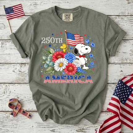 MOSS_8b47ff03-2cf6-472e-84fe-0c3b4c226248 - AuraNations - Comfort Colors 250th America Patriotic Floral Bowtie Dog T-Shirt - Moss / S - 250TH ANNIVERSARY, ALL, COMFORT COLORS, NO CUSTOM, PRODUCTS, SNPY, TSHIRT