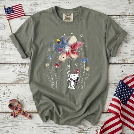 MOSS_a2e9608a-665c-4e17-8a7e-3f0fbd624459 - AuraNations - Comfort Colors America Faith Freedom Pride Watercolor Flower Patriotic Dog T-Shirt - Moss / S - 250TH ANNIVERSARY, ALL, COMFORT COLORS, NO CUSTOM, PRODUCTS, SNPY, TSHIRT